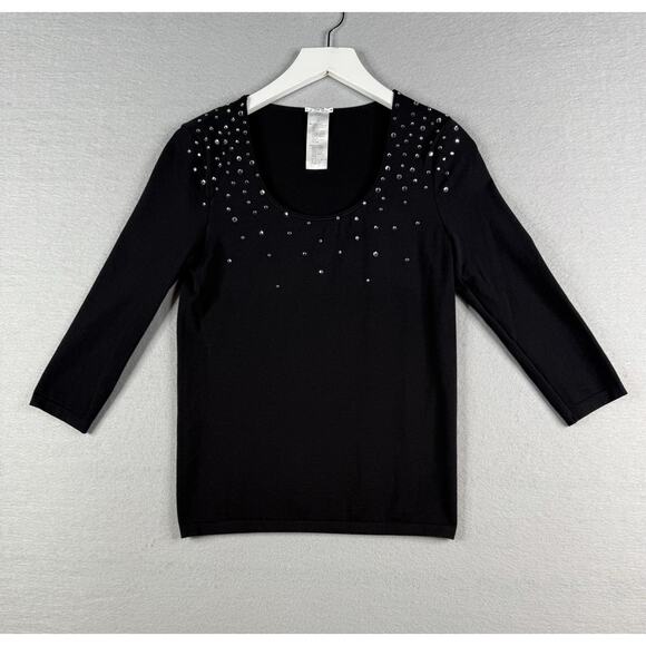 WOLFORD Scoop Neck Jersey Top Sz M Black Crystals Eveningwear Holiday 3/4 Sleeve - Picture 1 of 6